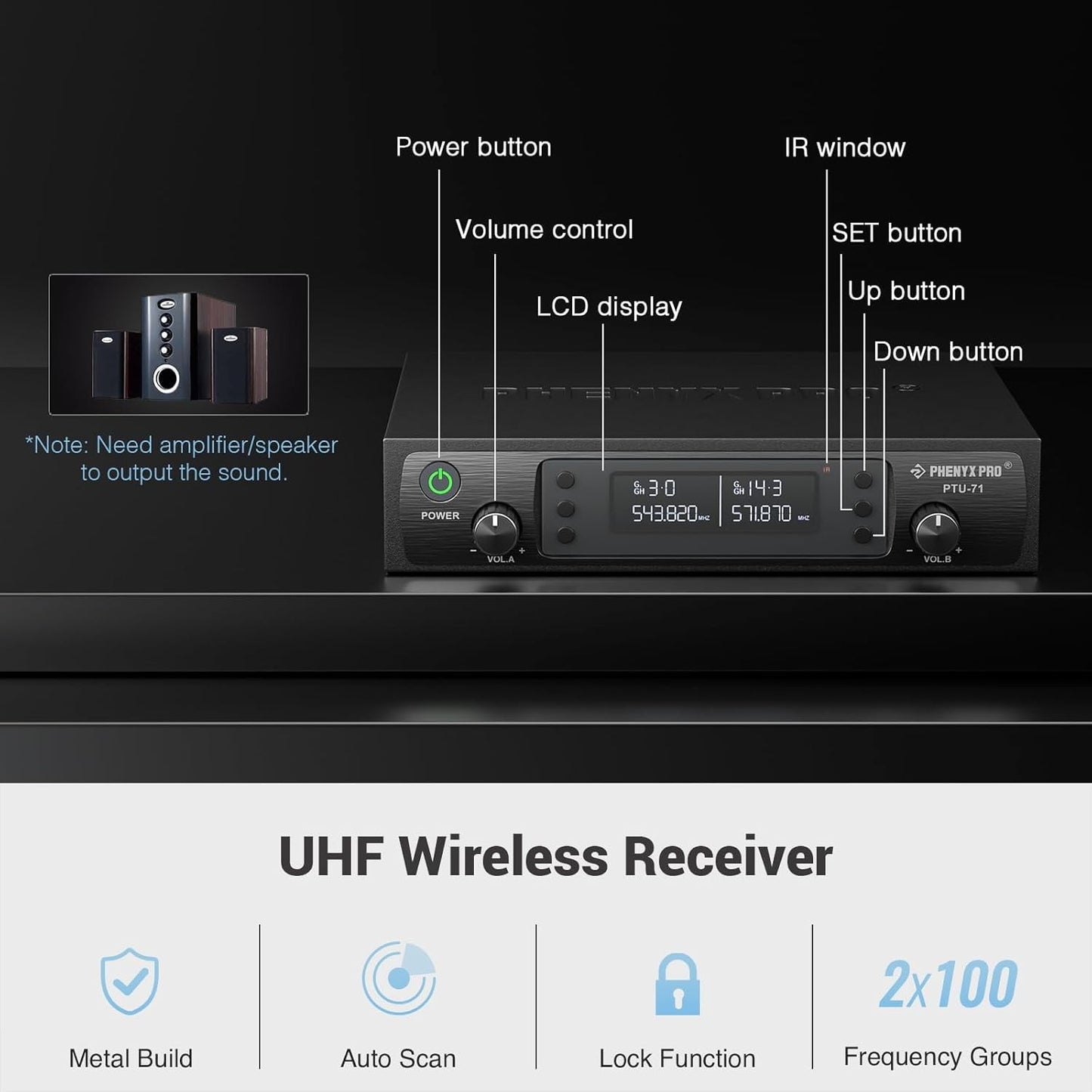 Phenyx Pro PTU71 Wireless Microphone System, 328ft Range, Black - New!