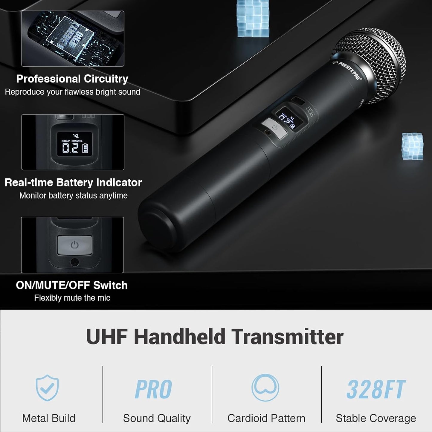 Phenyx Pro PTU71 Wireless Microphone System, 328ft Range, Black - New!