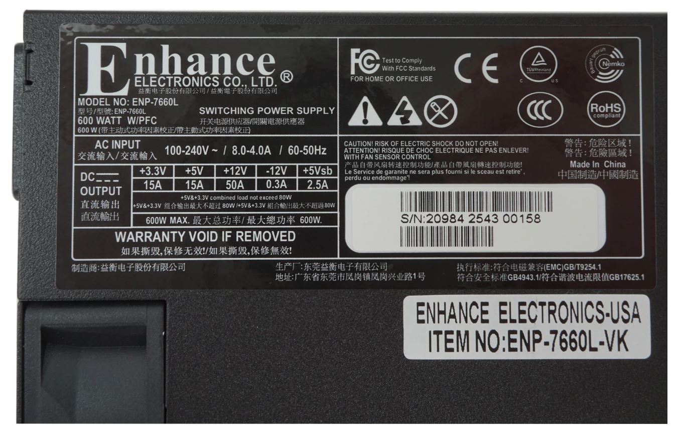 Enhance ENP-7660L 600W Modular Platinum Flex ATX Switching Power Supply, New!