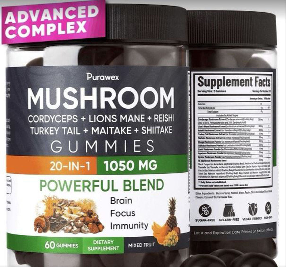 Purawex Mixed Fruit Mushroom Complex Gummies, 60 count, Exp. 3/27, Free Ship!