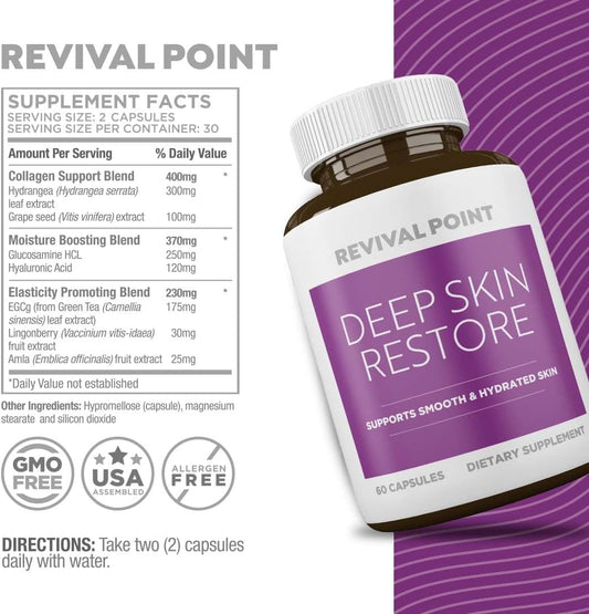 Revival Point Deep Skin Restore Supplement, 6-in-1 Formula, 60 Caps, Exp. 12/26