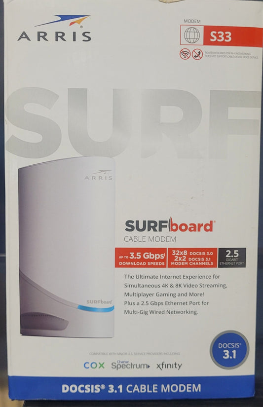 ARRIS SURFboard S33 DOCSIS 3.1 Multi‑Gig Cable Modem | 2.5Gbps, New - Free Ship!