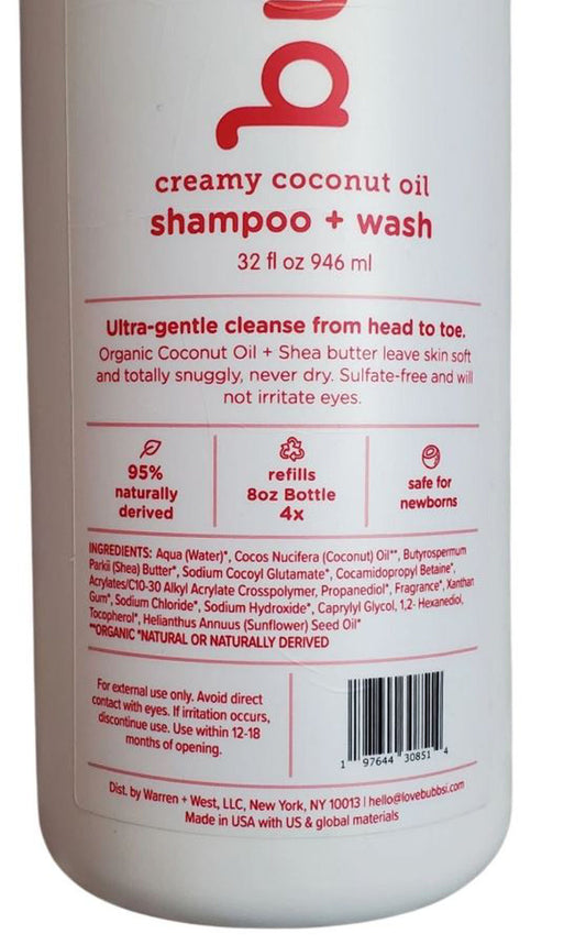 Bubbsi Creamy Coconut Oil Baby Shampoo & Body Wash, 32 Oz, Relieves Cradle Cap!