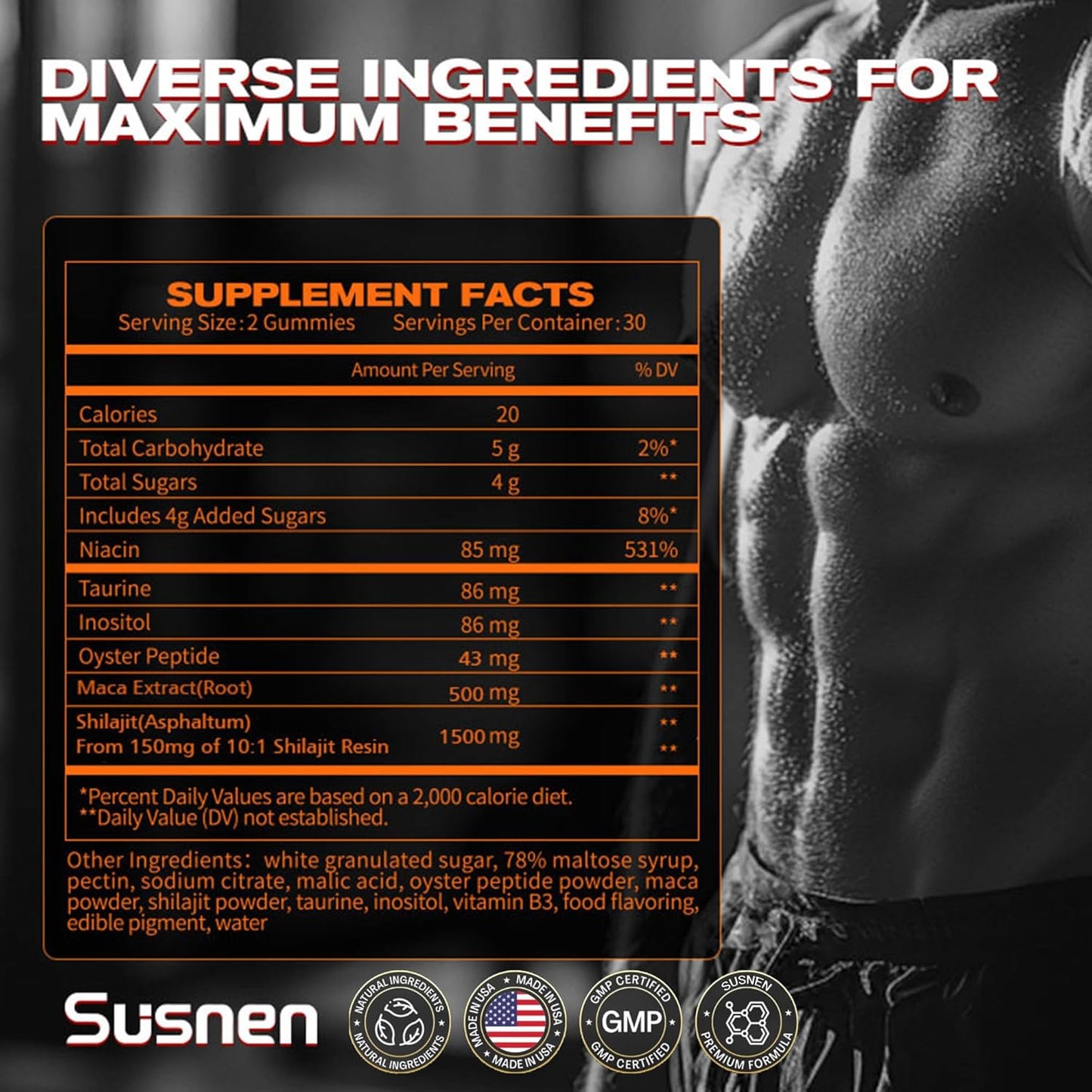 SUSNEN Power Gummies w/ Maca + Shilajit, 60 Caps. Citrus, Exp. 10/26, Free Ship!