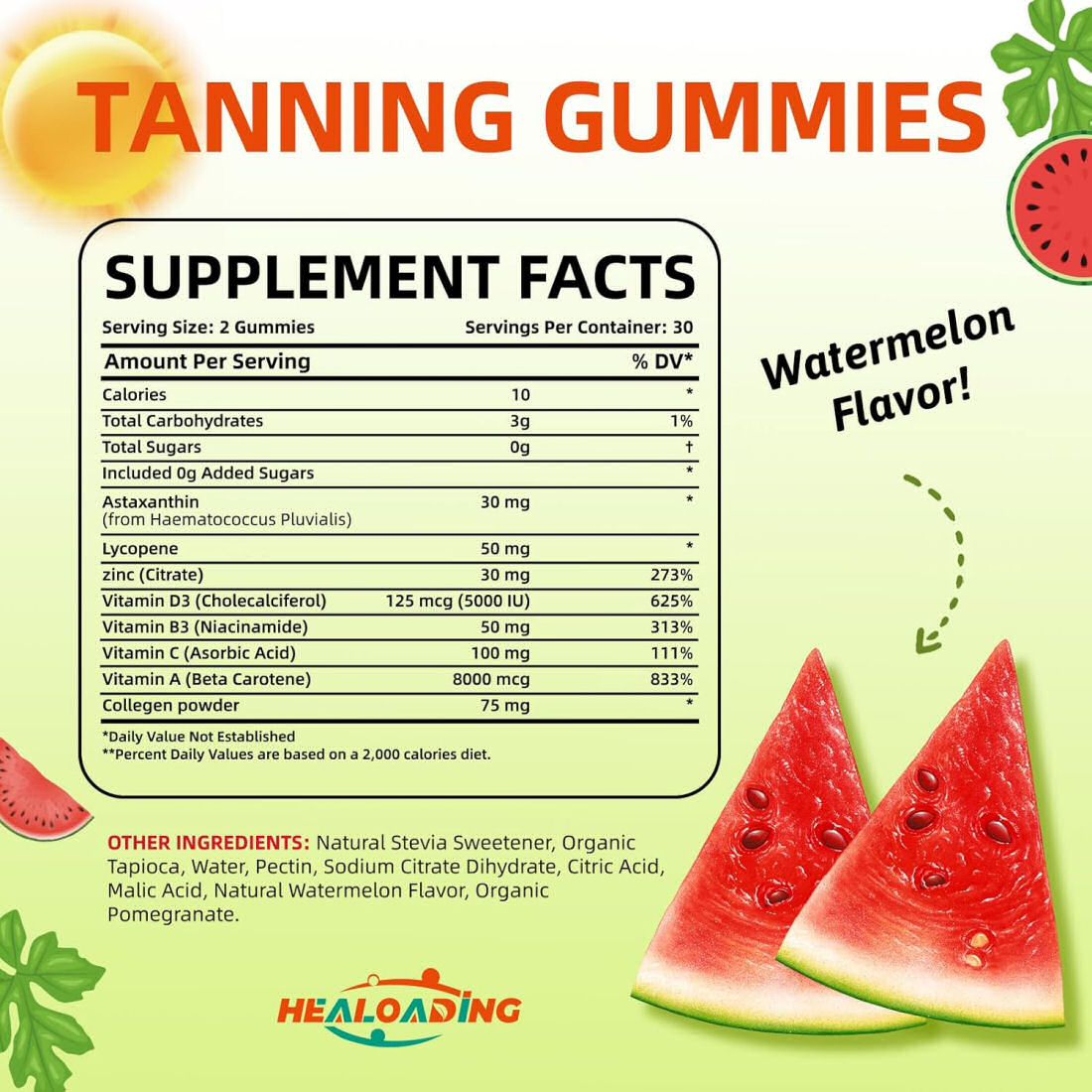 Healoading Natural Tanning Gummies, Watermelon, 60 count, Exp. 3/27 - Free Ship!