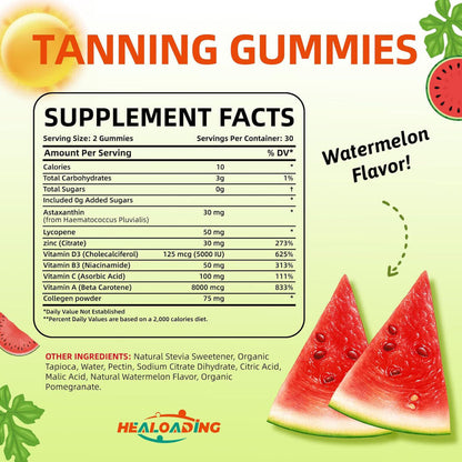 Healoading Natural Tanning Gummies, Watermelon, 60 count, Exp. 3/27 - Free Ship!