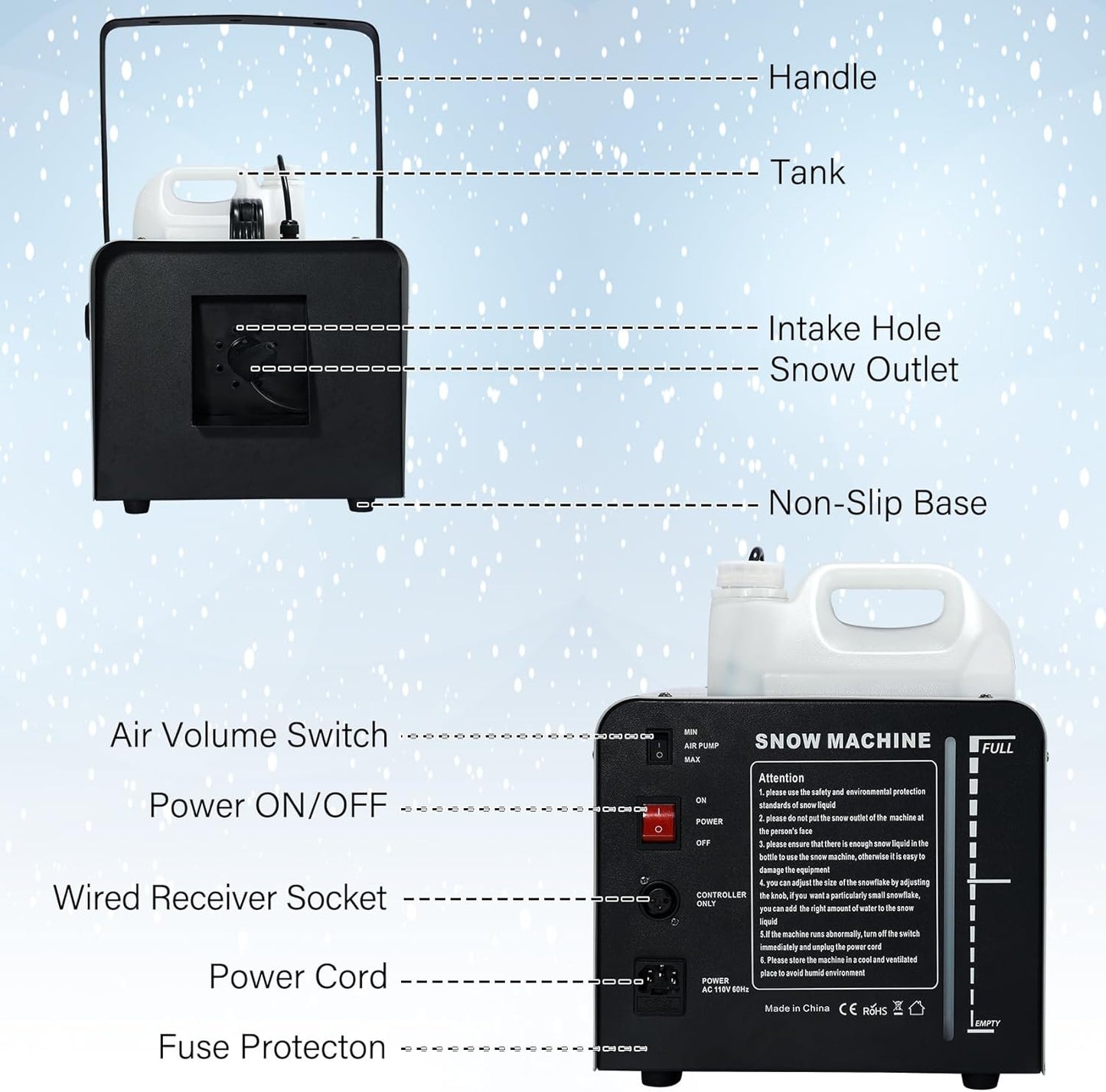 TCFUNDY 1500W Snow Making Machine w/ Wired Remote - for, Stage Effect, Party....
