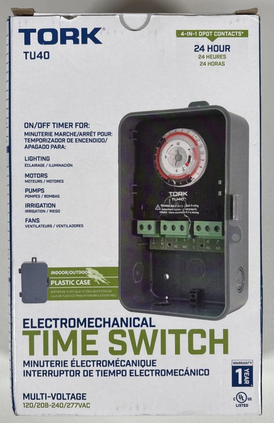 Tork TU40 Electromechanical Time Switch, Multi-Voltage w/ Plastic Case, New (OB)