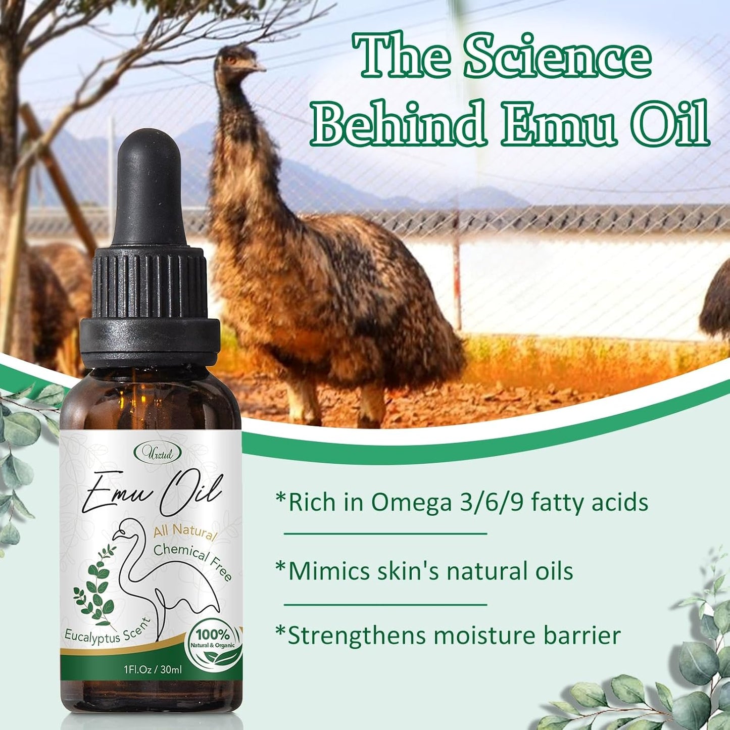 Urztul Emu Oil All Natural, All in One, Eucalyptus Scent, 1 oz, 3 Pack, New!