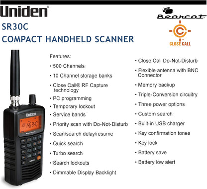 Uniden Bearcat 500 Channel Compact Handheld Analog Scanner, SR30C - New!