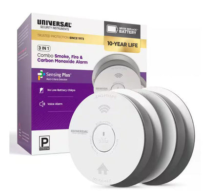 USI 3 in 1 Smoke, Fire & Carbon Mono Alarm w/ Voice, 2 Pack, (USI/SMCO/10YR/V/2)