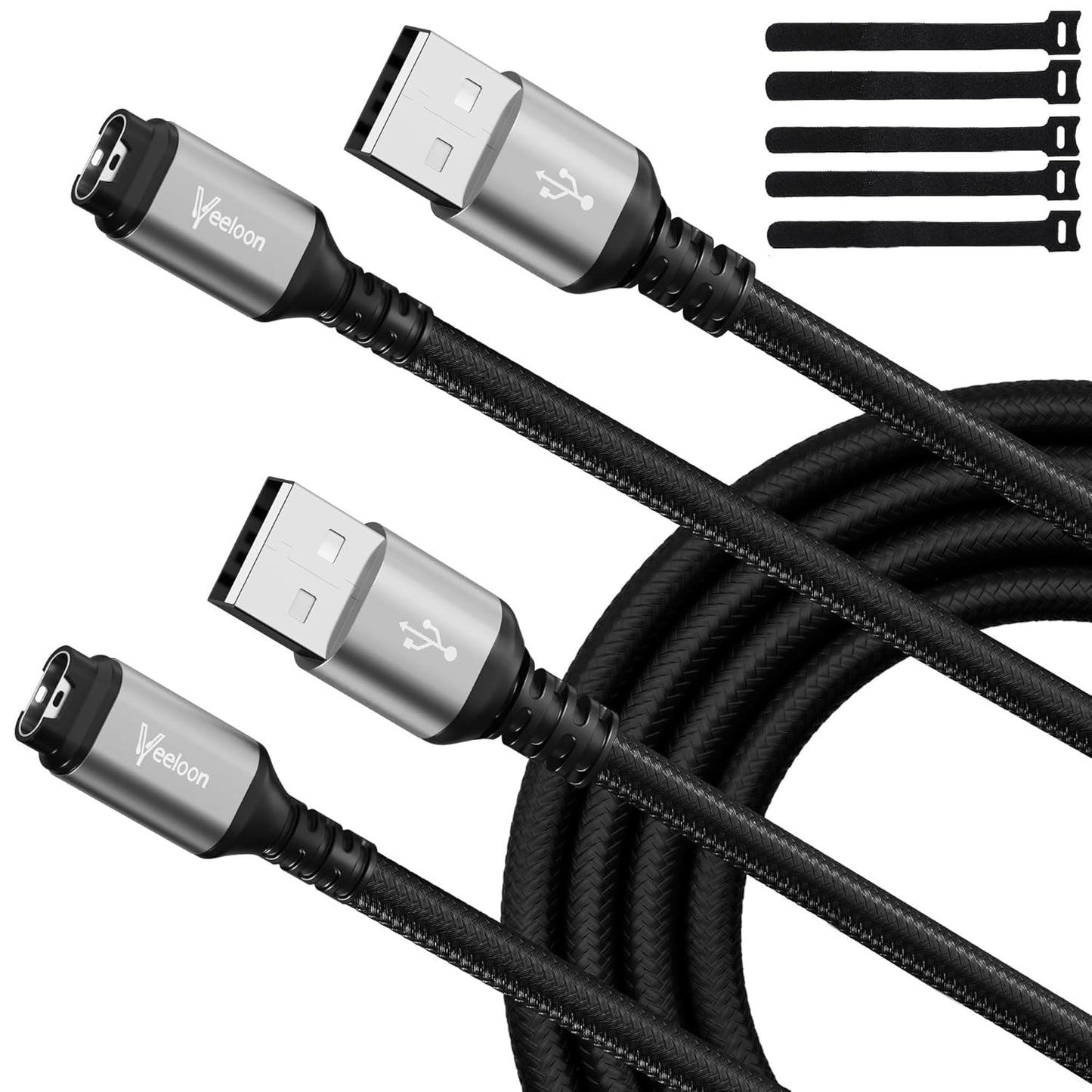 Veeloon USB-A Braided Charge Cable for Garmin Watch Forerunner & More, 2 Pack!