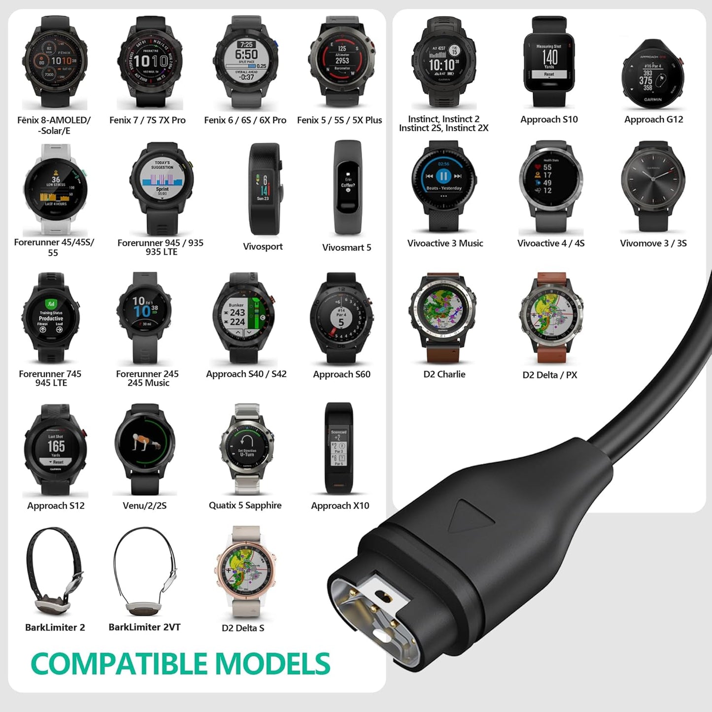 Veeloon USB-A Braided Charge Cable for Garmin Watch Forerunner & More, 2 Pack!