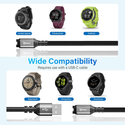 Veeloon USB-A Braided Charge Cable for Garmin Watch Forerunner & More, 2 Pack!