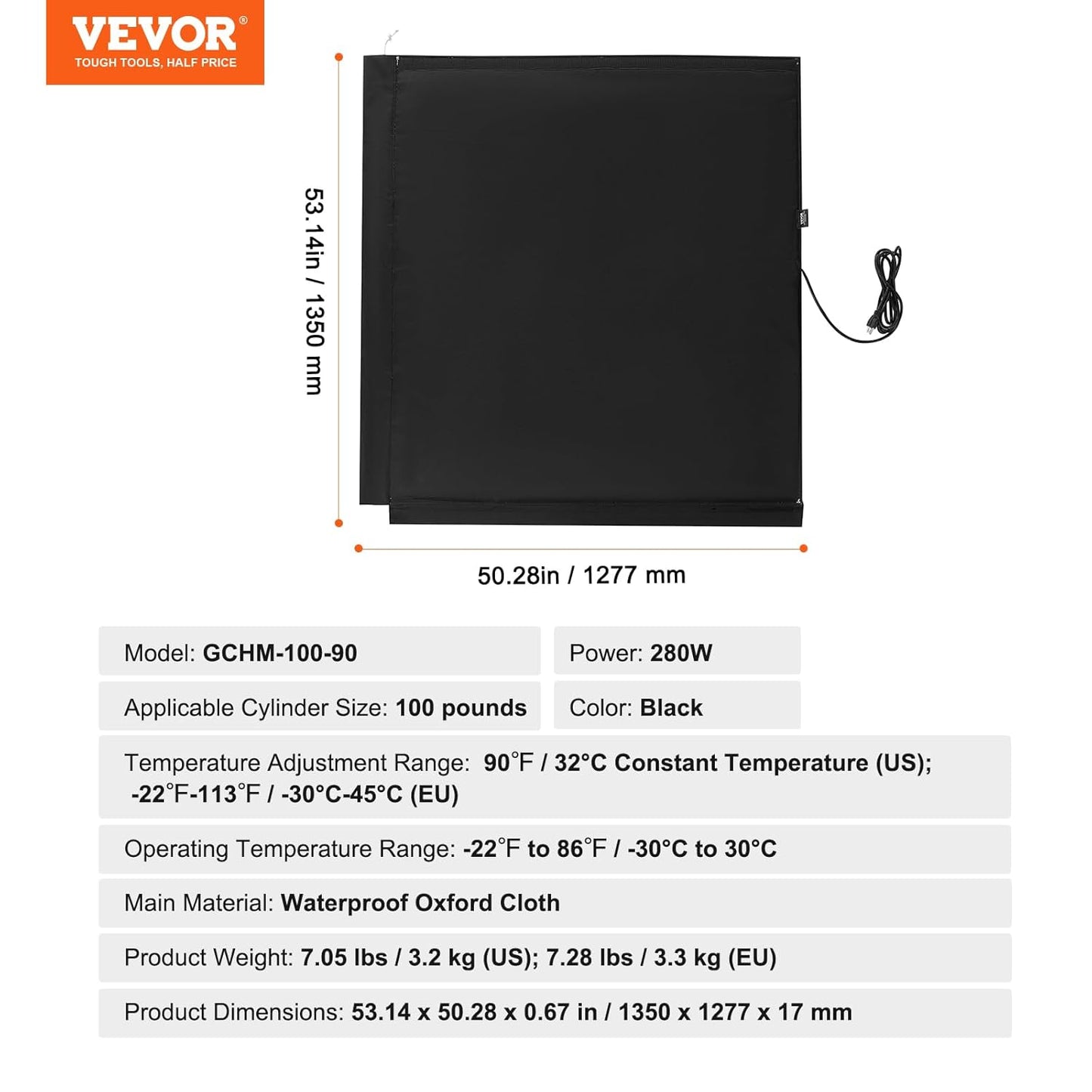 VEVOR Insulated Gas Cylinder Warmer Blanket, Fits 100 lbs Gas Tanks 280W, New!
