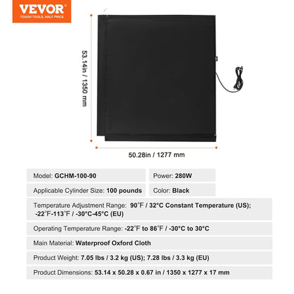 VEVOR Insulated Gas Cylinder Warmer Blanket, Fits 100 lbs Gas Tanks 280W, New!